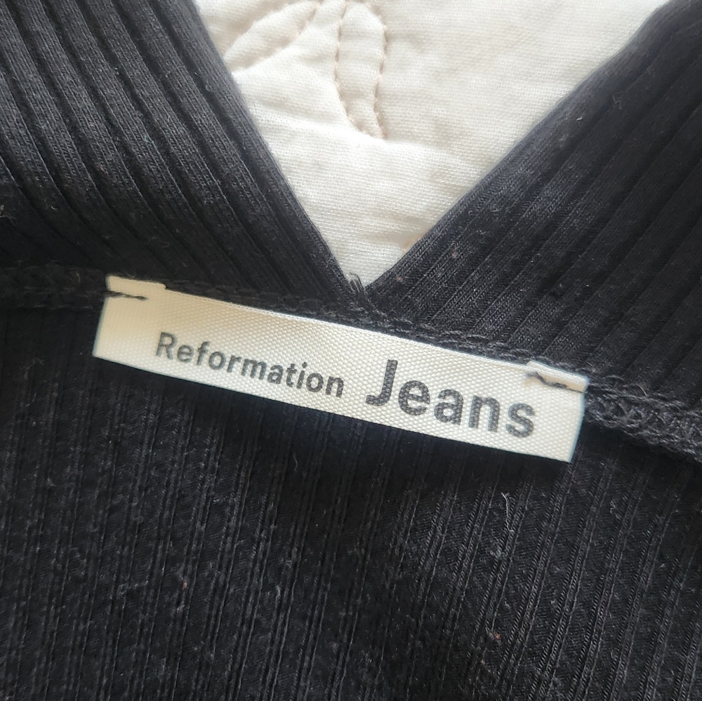 Reformation Landry Jumpsuit Medium Black Ribbed Knit Square Neck Button Lyocell - Picture 7 of 11
